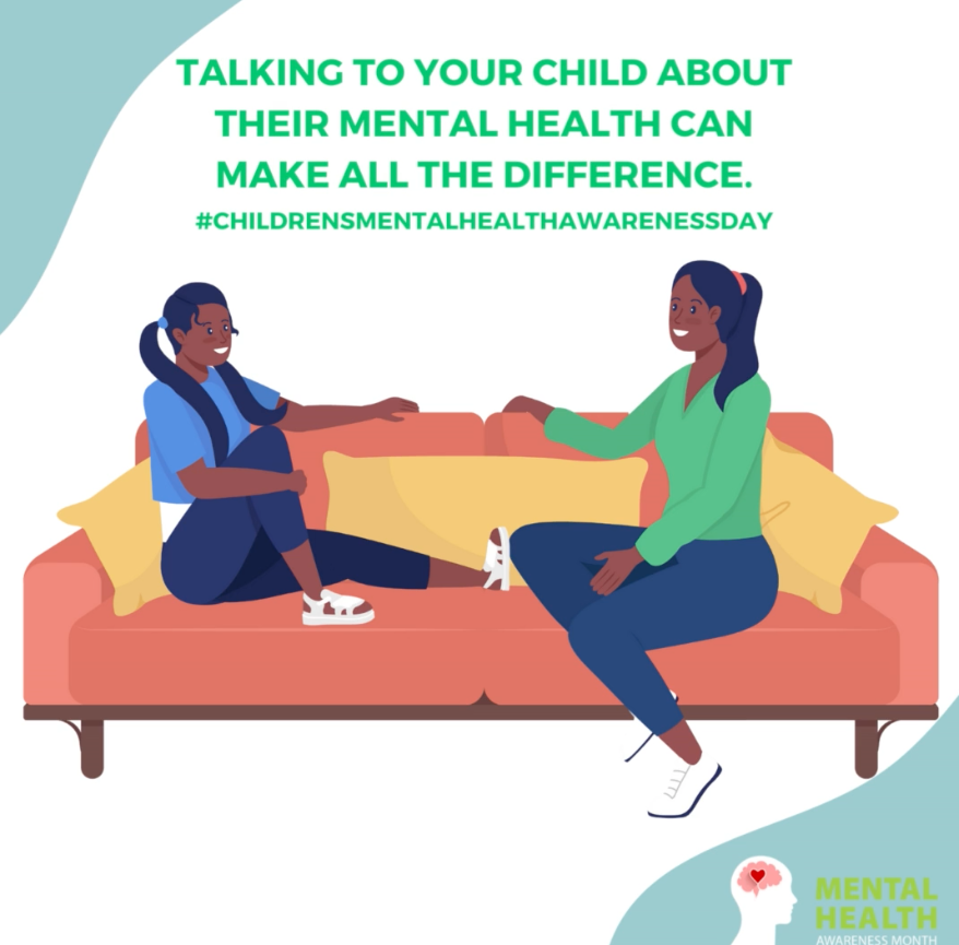wo animated characters are talking on a couch, with text that reads, “Talking to your child about their mental health can make all the difference. #ChildrensMentalHealthAwarenessDay.” A logo in the bottom right corner reads, “Mental Health Awareness Month.”